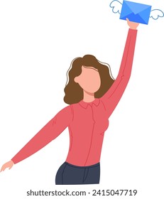 Woman holding a blue envelope high in the air. Casual clothing female reaching out, mailing concept. Communication, message delivery, postal service vector illustration.