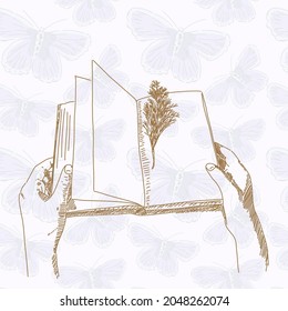 Woman holding book with bookmark. Hand drawn vector illustration.