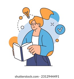 Woman holding book, education and study, flat cartoon vector illustration. Educated girl ready to study, management training and paperwork, information access, business character