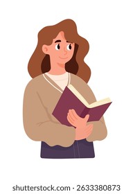 Woman holding a book. Flat vector clipart, illustration with isolated background.