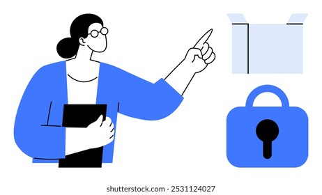 Woman holding a book or folder gestures towards an open box and padlock, suggesting concepts of security, organization, instruction, and information management. Ideal for education, security, storage