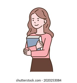 A woman is holding a book in her arms. outline simple vector illustration.