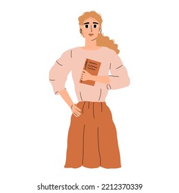 The Woman Is Holding A Book In Her Hands. Women's History Month. Vector Illustration In Hand Drawn Style