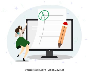 Woman holding book jumping happily with good test score on big monitor screen. Success, Achievement, Excellence, Score, Grade, Result, Performance. 