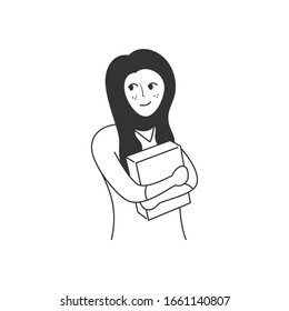 Woman holding book in line art. Vector Illustration.