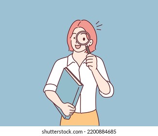 woman holding a book and a magnifying glass. Hand drawn style vector design illustrations.