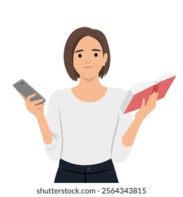 Woman holding book and phone. 
 Flat vector illustration isolated on white background