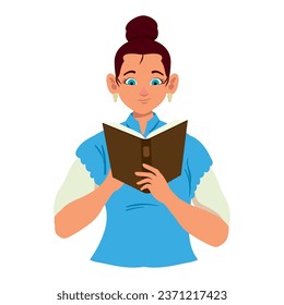 woman holding a book and reading illustration isolated