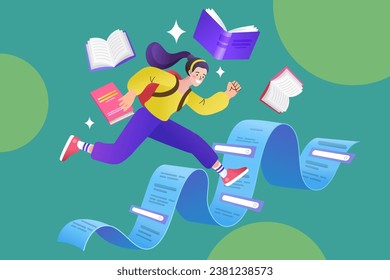 mujer sosteniendo un libro corriendo. E-learning. Concepto de educación en línea. Niños dibujando. Bienvenido de vuelta a la escuela. Niños de la escuela. Patrón de diseño plano con niño. Vector de e-learning.