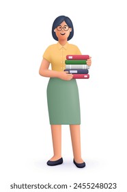 Mujer sosteniendo la pila de libros. Profesor, estudiante o empleado de oficina. Educación y concepto de conocimiento. Ilustración de personajes de personas de Vector 3d. Dibujos animados estilo minimalista.