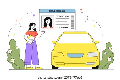 Woman holding a book, standing near a yellow car, with a large driver s license displayed above. Minimalist design, white background. Concept of driving. Vector illustration