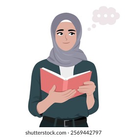 Woman holding book in thinking gesture looking away. Flat vector Character Illustration