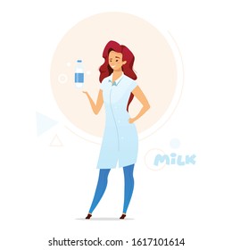 Woman holding bottle of milk flat color vector illustration. Dairy production. Milk plant employee. Smallholder, local business. Food industry. Isolated cartoon character on white background