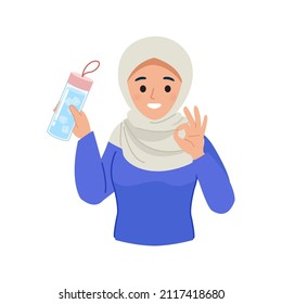 Woman holding a bottle of mineral water to campaign for drinking more water. Flat vector cartoon design