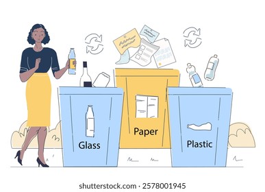 Woman holding bottle next to labeled recycling bins for glass, paper, and plastic, with recycling symbols and discarded items. Concept of waste sorting. Flat cartoon vector illustration