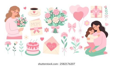A woman is holding a bouquet of flowers and a cake. A card is on the table with a heart on it. A child is sitting on the woman's lap