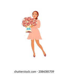Woman holding a bouquet of flowers. Congratulations to women on the holiday. March 8, Valentine's Day, birthday. Isolated image of a woman on a white background.Vector illustration in a flat style.