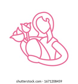 woman holding a bouquet flowers, line style icon vector illustration design