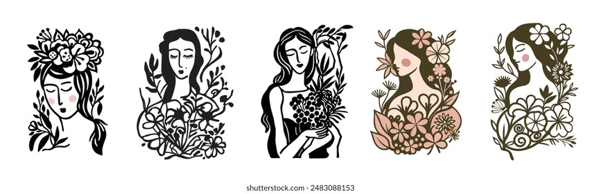 Woman holding a bouquet of flowers. Modern abstract line minimalistic illustration. Women faces arts. Female poster. Spring, summer concept.