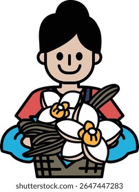 A woman is holding a bouquet of flowers. She is smiling and she is happy. The flowers are white and are arranged in a basket