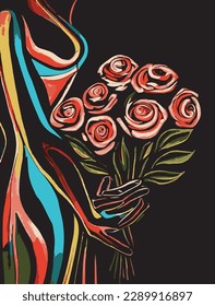 a woman holding a bouquet of roses in Picasso style against a black background