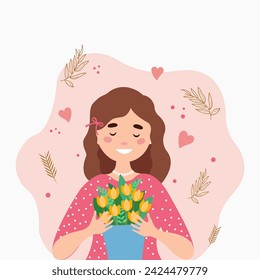 Woman holding a bouquet of spring flowers in hands. International women’s Day. Vector illustration in flat style.