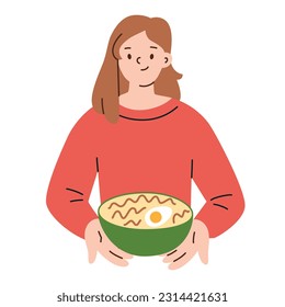 Woman holding bowl with ramen, noodle soup hand drawn icon, vector illustration of Asian cuisine, ramen shop waiter, delicious Korean or Japanese dish with noodles, ethnic Chinese food isolated
