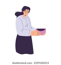 Woman Holding Bowl with Soup or Meal Vector Illustration