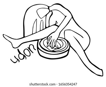 Woman holding a bowl with udon in her hands. Food advertising for restaurants and eateries. Graphics