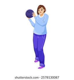 Woman holding a bowling ball in casual clothes on white background. Vector illustration