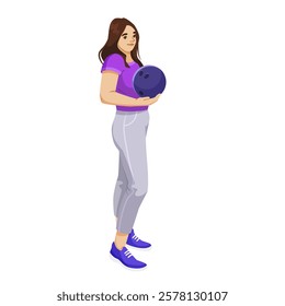 Woman holding bowling ball in casual sportswear. Vector illustration