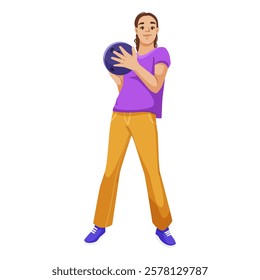 Woman holding a bowling ball, ready to play. Vector illustration