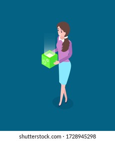 Woman holding box, business innovation and modern technology, success stratup. Element of developer, equipment and worker, project or idea vector