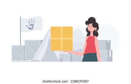 The woman is holding a box. Camp with humanitarian aid. trendy style. Vector illustration.