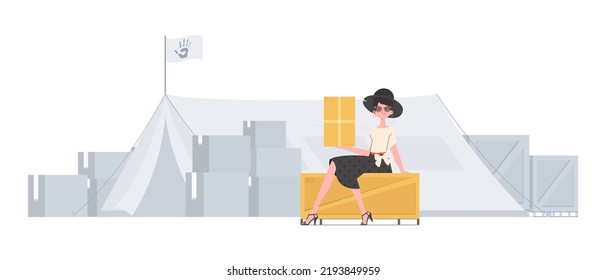 The woman is holding a box. The concept of humanitarian aid. Vector illustration.