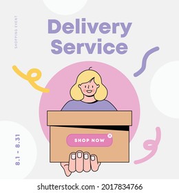 Woman holding a box. delivery service. shopping event. Vector illustration.