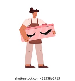 Woman holding box with fake lashes, flat vector illustration isolated on white background. Eyelashes extension concept. Beauty salon treatment.