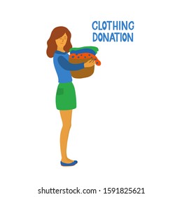 Woman holding a box with her clothes.  Charity concept. Clothing donation lettering. Mindful lifestyle. Vector illustration isolated on white background.