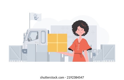 The woman is holding a box. The theme of humanitarian aid. trendy style. Vector illustration.