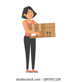 Woman holding a box vector isolated. Person working as a courier, delivery service. Brown package, idea of transportation.