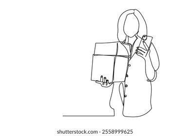 Woman holding boxed package while using phone. Modern Minimalist One Line Drawing	