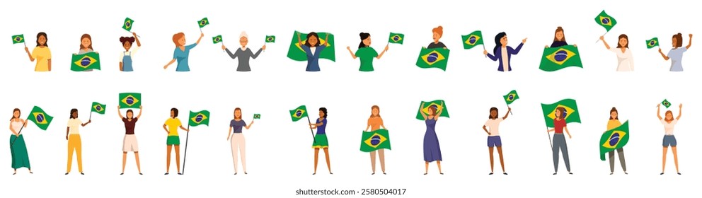  Woman holding brazilian flag icons set. Diverse group of women holding and waving brazilian flags, celebrating national holiday, demonstrating patriotism and national pride