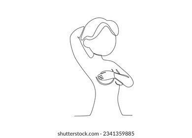 A woman holding a breast. Breast cancer awareness month one-line drawing