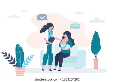 Woman holding and breastfeeding infant baby. Consultation with a mammologist or pediatrician. Doctor talking with patient. Healthcare and childhood concept background. Trendy style vector illustration