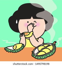 Woman Holding Breath And Closing Nose With Fingers While Eating Unpleasant Smell But Yummy Durian Fruit Concept Card Character illustration