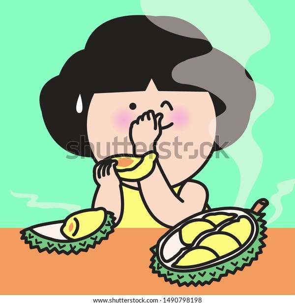Woman Holding Breath And Closing Nose With\
Fingers While Eating Unpleasant Smell But Yummy Durian Fruit\
Concept Card Character\
illustration