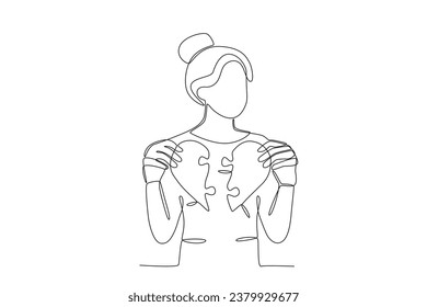 A woman holding a broken love. Relationship problem one-line drawing