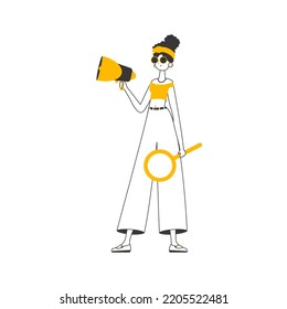 The woman is holding a bullhorn in her hands. Minimalistic linear style. Isolated. Vector illustration.