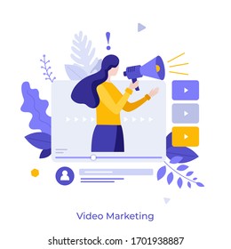 Woman holding bullhorn or megaphone in multimedia player window. Concept of social video marketing, online advertisement, internet promotion, digital ad or promo. Modern flat vector illustration.