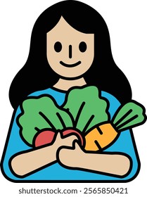 A woman is holding a bunch of vegetables, including carrots and radishes. She is smiling and she is happy